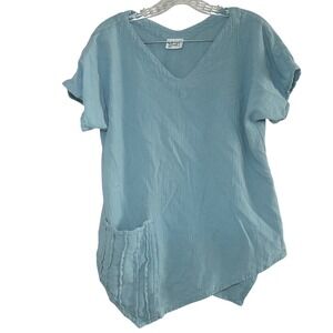 Oh My Gauze Light Blue Cotton V-Neck Asymmetric Hem Pocket Top Lagenlook size 1